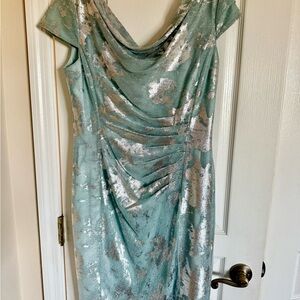 TAHARI ASL Women's Draped Cowl Back Metallic Blue Silver Cocktail Dress  SZ 10